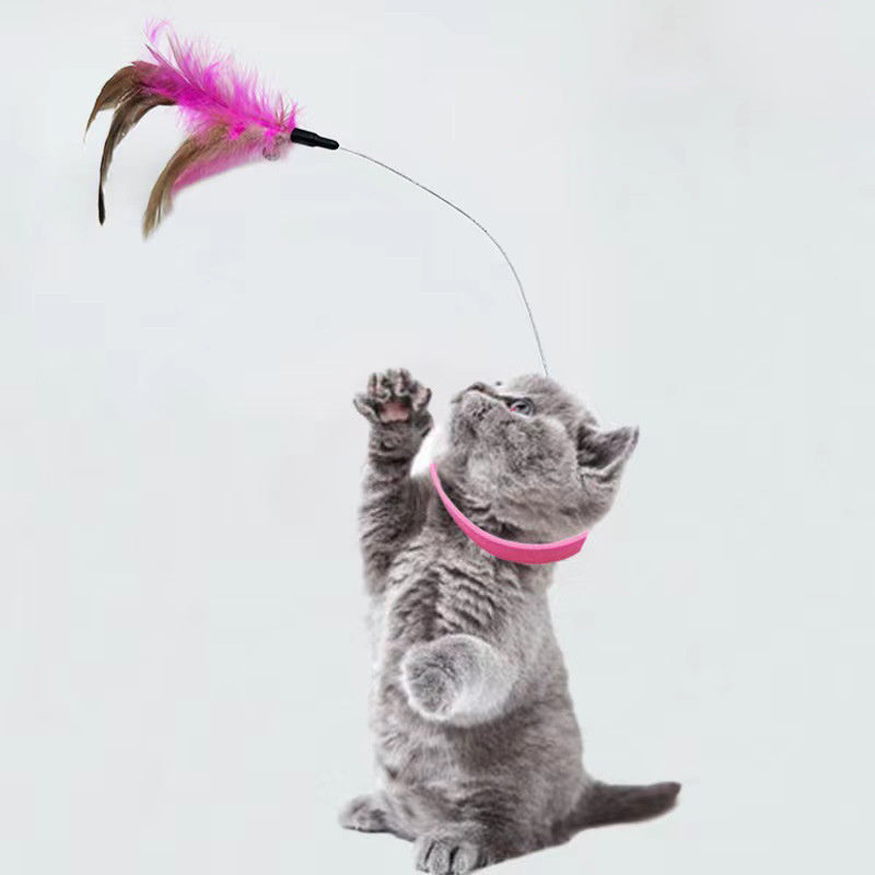 Cat Collar Toy Attached Silicone Cat Teasing Wand Adjustable Cat Feather Collar Toys With Bell Cat Interactive Teaser Toys