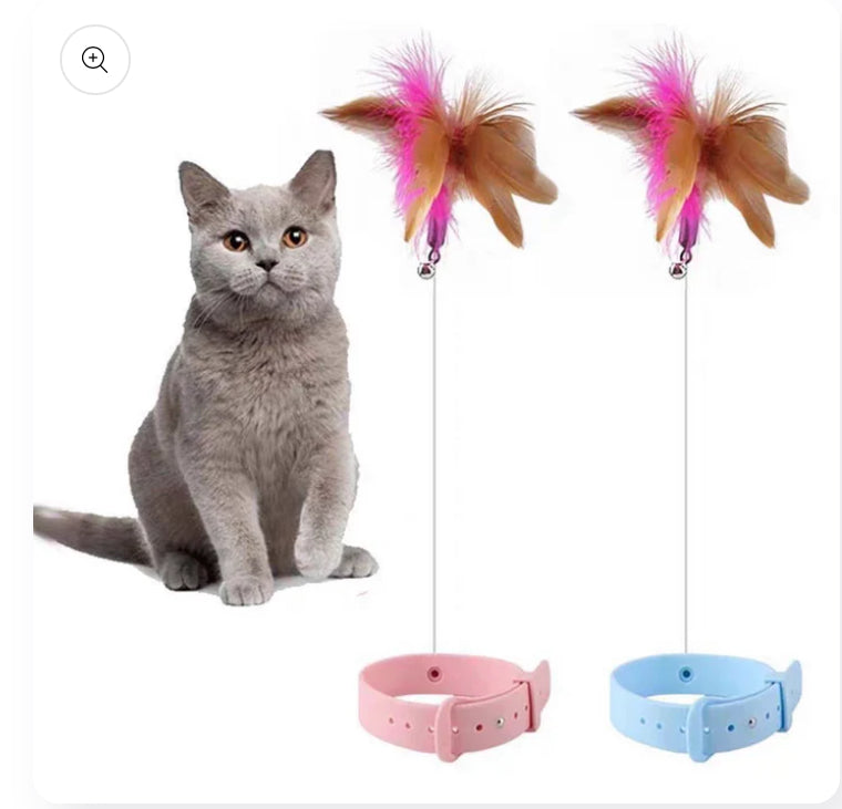 Cat Collar Toy Attached Silicone Cat Teasing Wand Adjustable Cat Feather Collar Toys With Bell Cat Interactive Teaser Toys